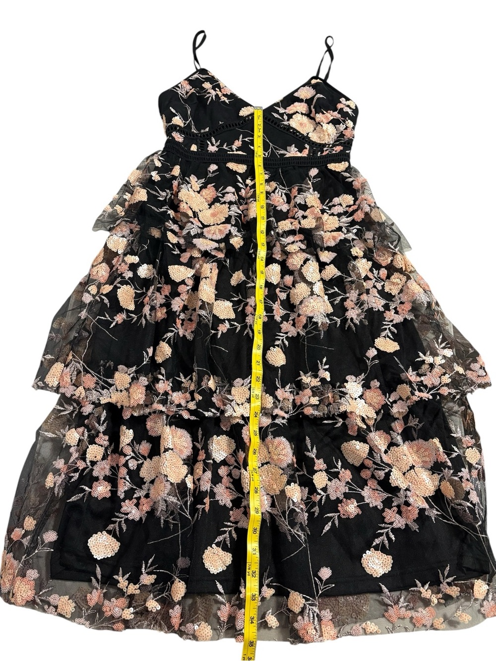 Lulus Tiered Black Mesh Maxi Dress with Peach Floral Sequin Detail, Size Small - Picture 5 of 9